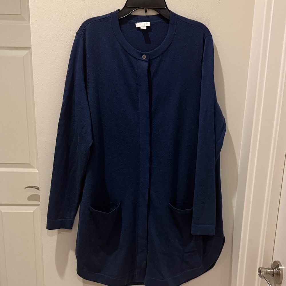 J. Jill Blue long line Cardigan rounded neckline and hemline wool blended s MP
